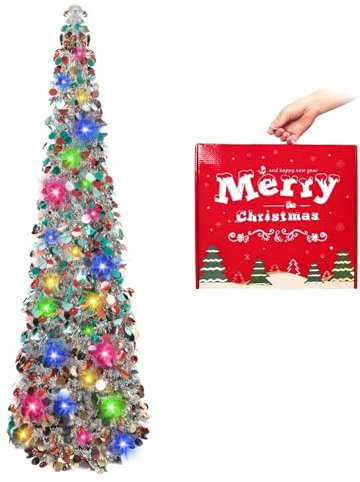 N&T NIETING Christmas Tree, 5ft Collapsible Pop Up Silver Tinsel Coastal Christmas Tree for Holiday Xmas, Home Display and Office Decorations