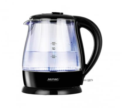 Bouilloire électrique MPM MCZ-99 en Verre sans BPA, Capacité de 1 L, sans Fil à 360°, Éclairage Intérieur, Élément Chauffant Cachée, Arrêt Automatique, Filtre Anti-Calcaire amovible, 1630W