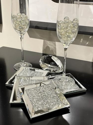 Marco Paul Crushed Diamond Glass Coasters Set of 4 Glass Placemats Glitter Wine Coasters House Warming Gifts New Home Decorative Home Accessories Glass Table Mats New Home Gifts Christmas Decorations