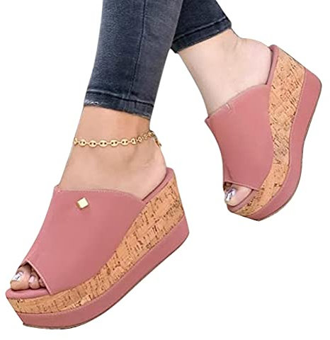 ORANDESIGNE Sandale Femme Espadrilles Compensées Mule Talon de Été Plage Vacances Chaussures de Bout Ouvert Plateforme C Rose 35 EU