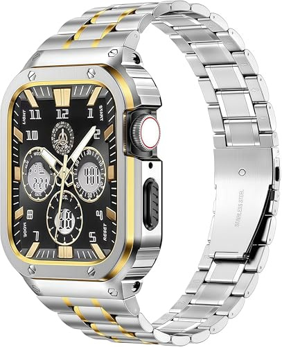 MioHHR Stainless Steel Watch Band with Case Compatible with Apple Watch Ultra 2 1 Series 10/9/8/7/6/5/4/SE/3/2/1, Rugged Strap with Metal Protective Cover for iWatch Band 49/46/45/44/42/41/40/38mm Men