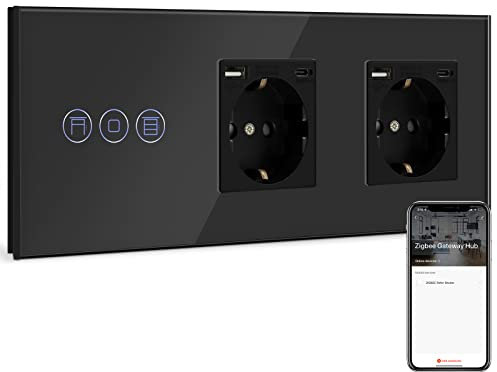BSEED Enchufe Doble Normal con Zigbee Interruptor de Persianas,Compatible con Alexa y Google Home,Control de APP,Schuko Enchufe con 1 Puerto Tipo C y 1 Puerto USB Negro(Zigbee Gateway Hub Necesito)