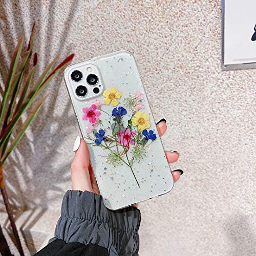 EYZUTAK Case for iPhone 11 6.1 inch, Bling Glitter Sequin Handmade Real Dried Flower Leaf Embedded Pressed Floral Flexible Soft Rubber Gel TPU Protective Bumper Back Cover - Flower Bunch