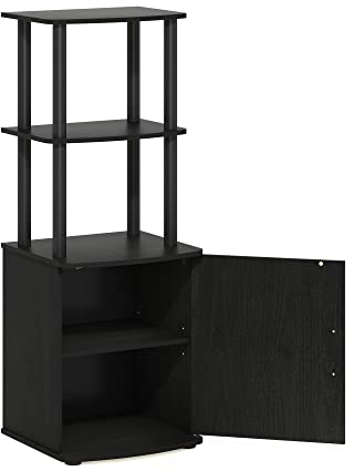 Furinno 2-Tier Tall TV Entertainment Side Table Display Rack with Storage Cabinet, Made from Wood, Blackwood/Black