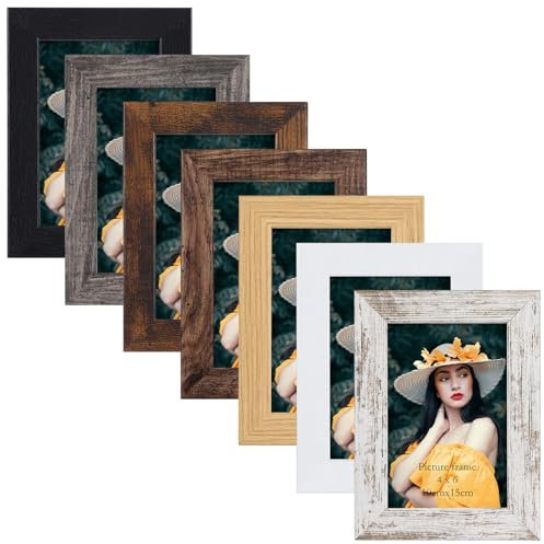 PETAFLOP Bilderrahmen 10x15 7er-Set, Mehrfarbige Fotorahmen 10x15, Rustikale Holzrahmen für Tischdisplay und Wandbefestigung