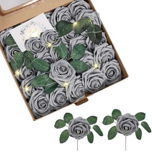 Warmiehomy Grey Artificial Roses with Stem, 25 Pcs Fake Rose Flowers, Faux Foam Roses with Light & Gift Card for Wedding Bridal Bouquets Centerpieces Arrangement Mothers Day Party Home Decoration