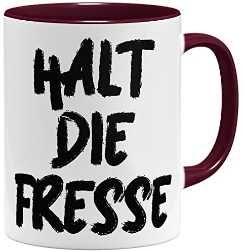 OM3® lustige Tasse mit Spruch - Halt die Fresse - Statement | Keramik Becher | 325ml | Beidseitig Bedruckt | Bordeaux