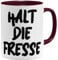 OM3® lustige Tasse mit Spruch - Halt die Fresse - Statement | Keramik Becher | 325ml | Beidseitig Bedruckt | Bordeaux