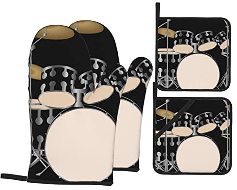 JAZZ Drum Ofenhandschuhe und Topflappen Set, 4 Stück Küche Ofenhandschuhe zum Kochen, Backen und Grillen