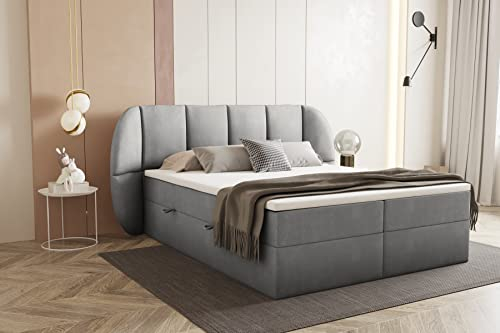TRADA Bilbao Boxspringbett mit Bettkästen H3 Pocket Matratze Kopfteil mit Dekorative Ohren (Grau, 140 x 200 cm)