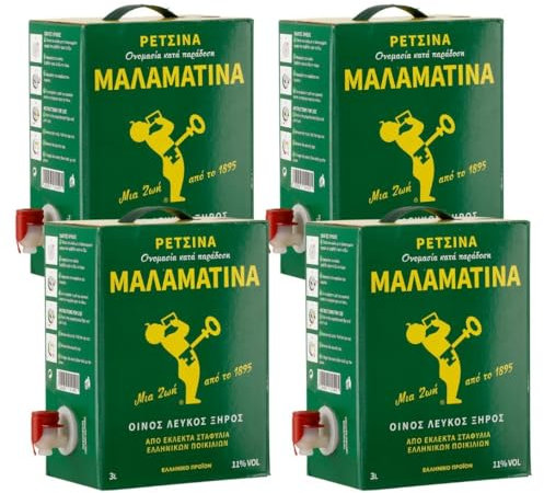 Retsina Malamatina 4x 3,0l Bag-in-Box | Geharzter Weißwein aus Griechenland | 11% Vol. | +20ml Jassas Olivenöl