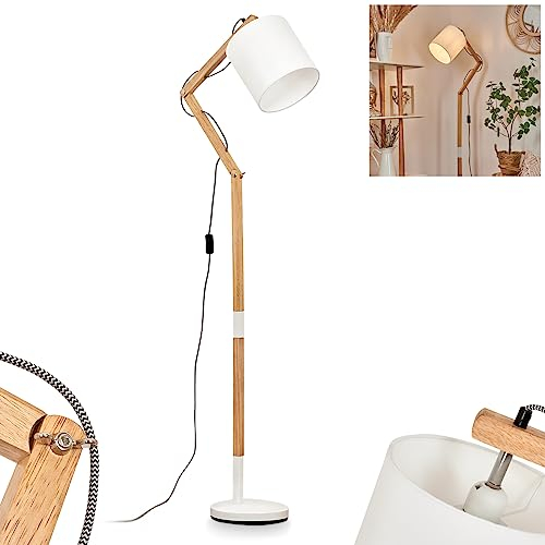 Stehleuchte Tukchor, moderne Stehlampe aus Metall/Stoff/Holz in Weiß/Naturfarben, Standlampe mit verstellbarem Schirm (Ø 21 cm) und Fußschalter am Kabel, Höhe max. 180 cm, 1 x E27, ohne Leuchtmittel