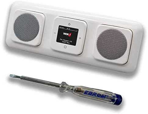Busch Jäger DAB+ (DAB PLUS) Unterputz Radio 8215U-101 Reflex SI alpinweiß, Komplett-Set mit 2 x Lautsprecher, Abdeckungen, Rahmen + EBROM Phasenprüfer zur Montage der Geräte - 8215 U – 101
