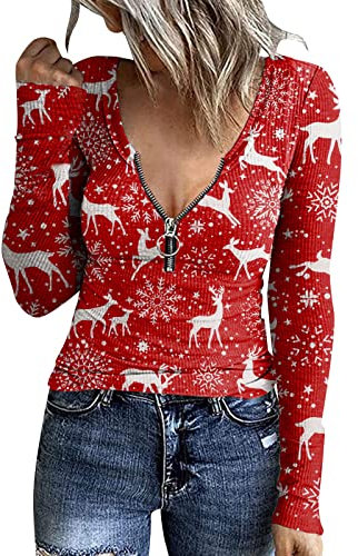 Top Elegant Damen Weihnachten Deer Print Plissee V-Ausschnitt Reißverschluss Langarm Bluse Damen T Shirt Top Schwarzes Shirt Damen (RD2, XL)