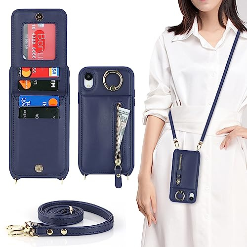 CAVOR Handykette Handyhülle Kompatibel Mit iPhone XR Hülle Mit Band,Flip Leder Geldborse Hülle,[4 Kartenfach][Ring Stander][Reißverschluss],Handytasche zum Umhängeband - Blau