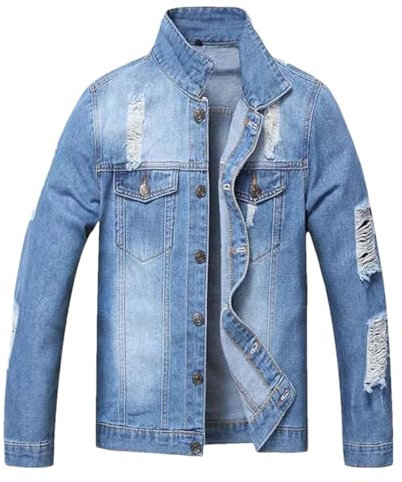 Sweejim Herren Zerrissen Casual Denim Jacken Mäntel Einfarbig Plissee Jeans Jacken, blau, XXL