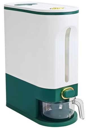 LUOKER Rice Dispenser,25 Lbs Rice Storage with Measuring Cup,White&Green Rice Container with One-Touch,Cereal Dispenser Storage with Lids for Rice, Corn,Soybean & Oatmeal,Airtight, Moisture Proof