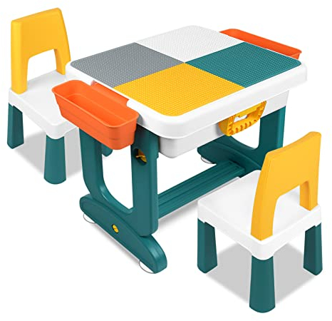 LILIIN Kindertisch Aktivitätstisch Set mit 2 Stühle & 300 Stück Bausteine, Multifunktionaler Kinderspieltisch Tischplatte Bausteintisch, für Jungen und Mädchen, Typ B