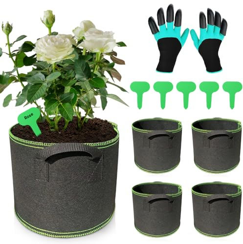 Riisoyu 5 Pezzi Sacchi per Piante in Tessuto Non Tessuto, 12L Vasi di Coltivazione con Maniglie e Etichette Sacchi per Piante Coltivazione Di vasi in Tessuto non Tessuto per Piante da Giardino Ortaggi