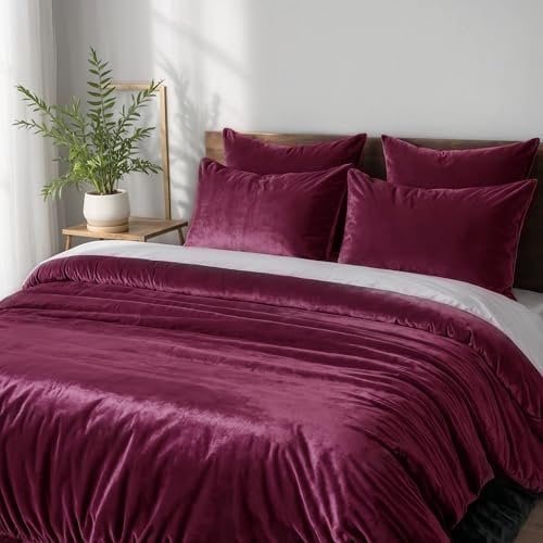 Cozyor Kuschel-Bettwäsche extra dick und weich Plüsch, robuster Reißverschluss 1x Deckenbezug 200x200 cm, 2X Kissenbezug 80x80 cm, 3-teilig, Bordeaux Berry