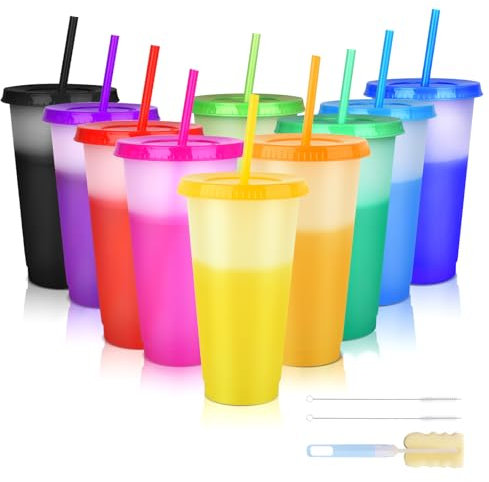 10 Stück Wiederverwendbare Plastikbecher mit Deckel und Strohhalmen: 24oz Farbwechsel Partybecher - Mehrweg Smoothie Mug Tumbler Trinkbecher Tasse Kunststoff Becher
