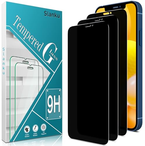 Slanku 3 Pack Privacy Screen Protector For iPhone 12, 12 Pro Tempered Glass, Anti-Spy, 9H Hardness, Case Friendly, Bubble Free, Anti Scratch