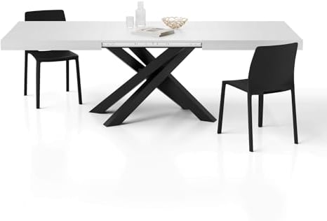 MOBILI FIVER, Ausziehbarer Esstisch Emma 160(240) x90 cm, Esche Weiss mit Schwarzen gekreuzten Beinen, Made In Italy