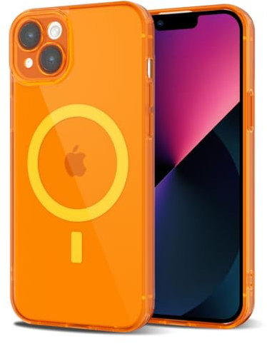 Svanove for iPhone 13 Mini Case Clear Compatible with Magsafe, Fluorescent Transparent Magnetic Magnet Mag Case, Slim Thin Bright Silicone Grip & Shockproof Bumper Camera Cover, Neon Orange