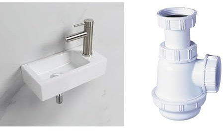 Ibergrif M41102-R, Lavabo Lave Main Blanc Rectangulaire en Céramique Suspendu pour Salle de Bains et WC & Wirquin SP3178 Siphon de lavabo et lave-mains à culot court, blanc
