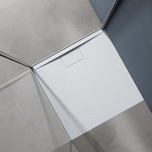doporro Duschtasse Duschwanne 100x100x3 flach Mineralguss in Weiß inkl. Ablaufgarnitur AL06 DIN-Anschlüsse für bodengleiche Montage geeignet Geoma07