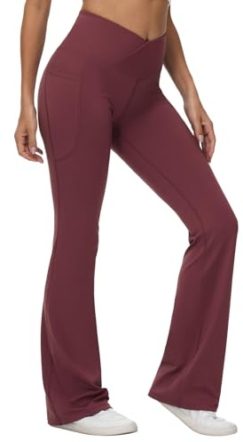 baleaf Women's Tall Flare Leggings 34 Tummy Control Crossover High Waisted Long Bootcut Yoga Pants with Pockets Work Casual Wine Red XXL