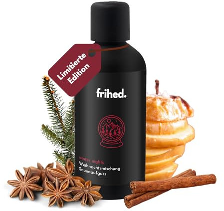 frihed.® Saunaaufguss Winter Nights - Hochkonzentriertes Zimt, Sternanis & Bratapfel-Öl - Weihnachtlicher und Langanhaltender Duft - Limitierte Edition - 100ml Glasflasche - Made in Lüneburg