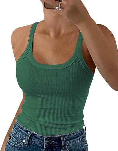 DUOEASE Top Mujer 2025 Basicas Slim fit Cuello Crew Costilla Camiseta de Tirantes Elástica Ropa Verano Azul-XS