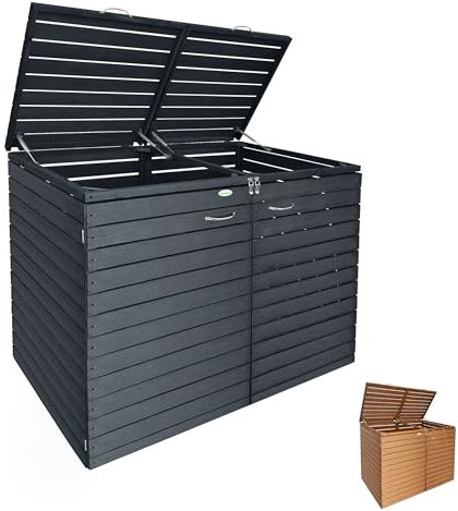 Mülltonnenbox 2er 240 l mit Gasdruckfeder in Anthrazit - Müllbox aus Holz - Mülltonnenverkleidung - Mülltonnen Sichtschutz - Mülltonnenhäuschen Extra Stabil