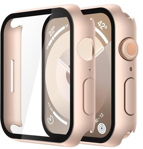 Misxi 2 Piezas Fundas para Apple Watch Series 9/8/7 45mm con Protector de Pantalla de Vidrio Templado, Protector de PC Resistente Cubierta Ultradelgada para iWatch, 1 Oro Rosa + 1 Transparente