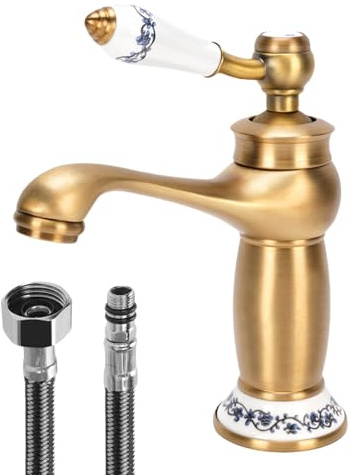 Grifo de lavabo de latón antiguo, latón antiguo, grifos de cerámica vintage, grifos de baño vintage con palanca única para lavabo