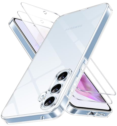 Oelrstfe Coque pour Samsung Galaxy A35 5G avec 2 Pièces Verre Trempé, Ultra Transparente Silicone en Gel TPU Souple Étui, Antichoc Anti-Jaune Bumper Housse Protection Case