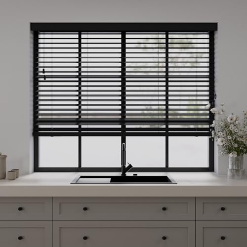 Cocoon Holz Jalousien Fenster Innen 150 x 130 - Schwarz - 50mm Lamellen | Holzjalousie - Paulownia Holz - Einfache Montage - Lichtregulierung - Vollständiger Grössenbereich - 3 Zeitlosen Farben