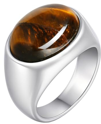Calefee Ringe Mann Verlobungsring, Ringe Personalisiert Herren Edelstahl Siegelring Breit 15,5 mm mit Braunem Stein, gr. 54