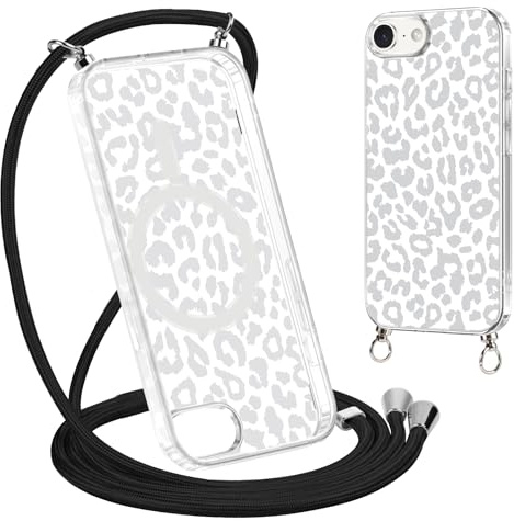 Coalbooliy Handyband Handyhülle für iPhone 17e/iPhone 16e Hülle 6,1 mit Band Kette Cover Kompatibel mit Magsafe, Transparent Aesthetic Leopard Muster Cover mit Kordel zum umhängen Case, 06