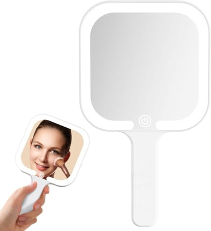 Miroir à Main avec Poignée, Miroir de Maquillage Lumineux Portable, Interrupteur Tactile, 3 Couleurs Claires, pour la Coiffure, Le Maquillage, la Maison, Les Voyages (Carré)