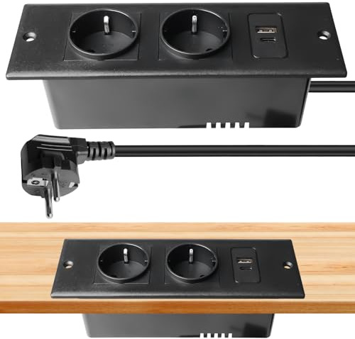 GAOUTO Tischplatte Versenkte Steckdose, Tischplatte Steckdose mit 2 USB C, 2 Fach Einbausteckdose mit 1.5m Kabel, Tischsteckdose Versenkte Steckdosenleiste für Konferenztisch, Arbeitsplatte (Schwarz)