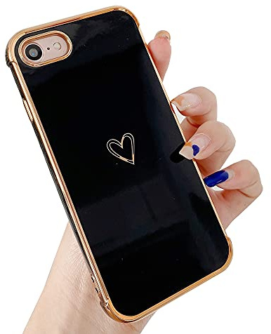 ZTOFERA Heart Phone Case for iPhone 7/8/SE 2020/SE 2022 (4.7), Black | Cute Love Heart Pattern, Fashion Plated Edges, for Girls Women, Flexible Soft Silicone, Shockproof Bumper Cover