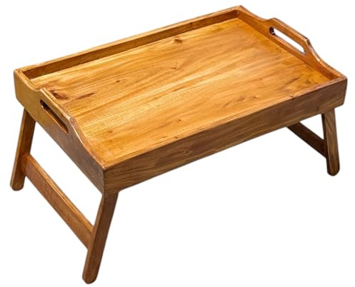 YELFE 20 Inches Acacia Wooden Bed Tray Table with Folding Legs & Handles | Breakfast in Bed Serving Tray for Eating, Laptop Use, Sofa, Bedroom, Home & Outdoor Dining