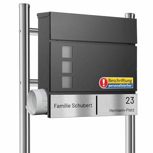 AL Briefkastensysteme Laser-Line Standbriefkasten personalisiert mit Name & Hausnummer in RAL 7016 Anthrazitgrau – Briefkasten mit Gravur freistehend mit Ständer Edelstahl und Zeitungsrolle DIN A4