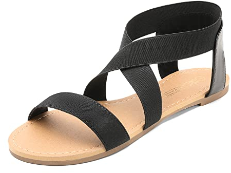 DREAM PAIRS Women's Elastic Ankle Strap Flat Sandals Summer Dressy Shoes Cute Strappy Gladiator Sandals ELATICA-6,Size 6,Black,ELATICA-6