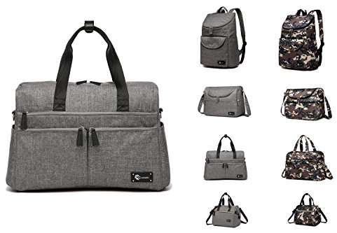Clamaro 'Baby Explorer L' Wickeltasche groß 19 Liter inkl. Wickelunterlage, Babytasche mit Henkel und verstellbarem Tragegurt, innen mit 2 Thermo Fächern und einem Reißverschlussfach - leinen grau