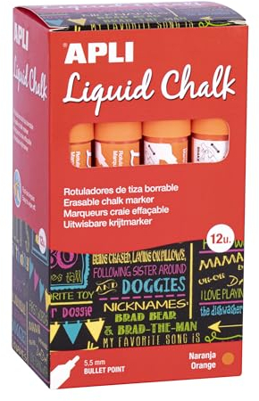 APLI 18037 - Rotuladores de Tiza Borrable, 5,5 mm, Liquid Chalk Punta Redonda, Naranja