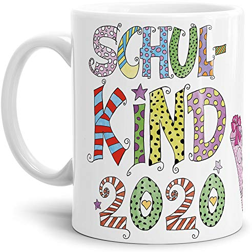 Tassendruck Geschenk Tasse zur Einschulung für Kinder mit Spruch - SCHULKIND 2020 - Geschenkidee zum Schulanfang/Erinnerung Schulbeginn/Erstklässler 2020 Mädchen - Weiß