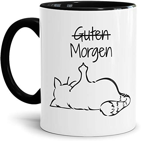 Tasse mit Spruch - Nö-Katze Guten Morgen - lustige Tasse für die Arbeit/Bürotasse/freche Tasse mit Katze/Geschenkidee lustig - Innen & Henkel Schwarz